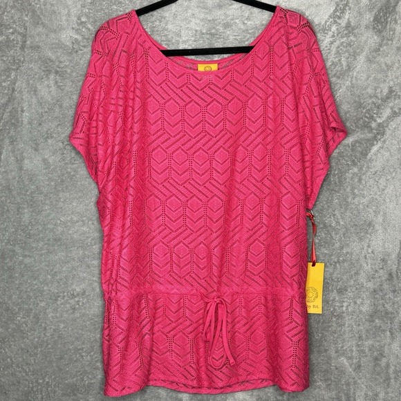 Ruby Rd XL Shirt Top Fuchsia Pink Short Sleeve Scoop Neck Sheer Knit Peplum - Picture 1 of 7